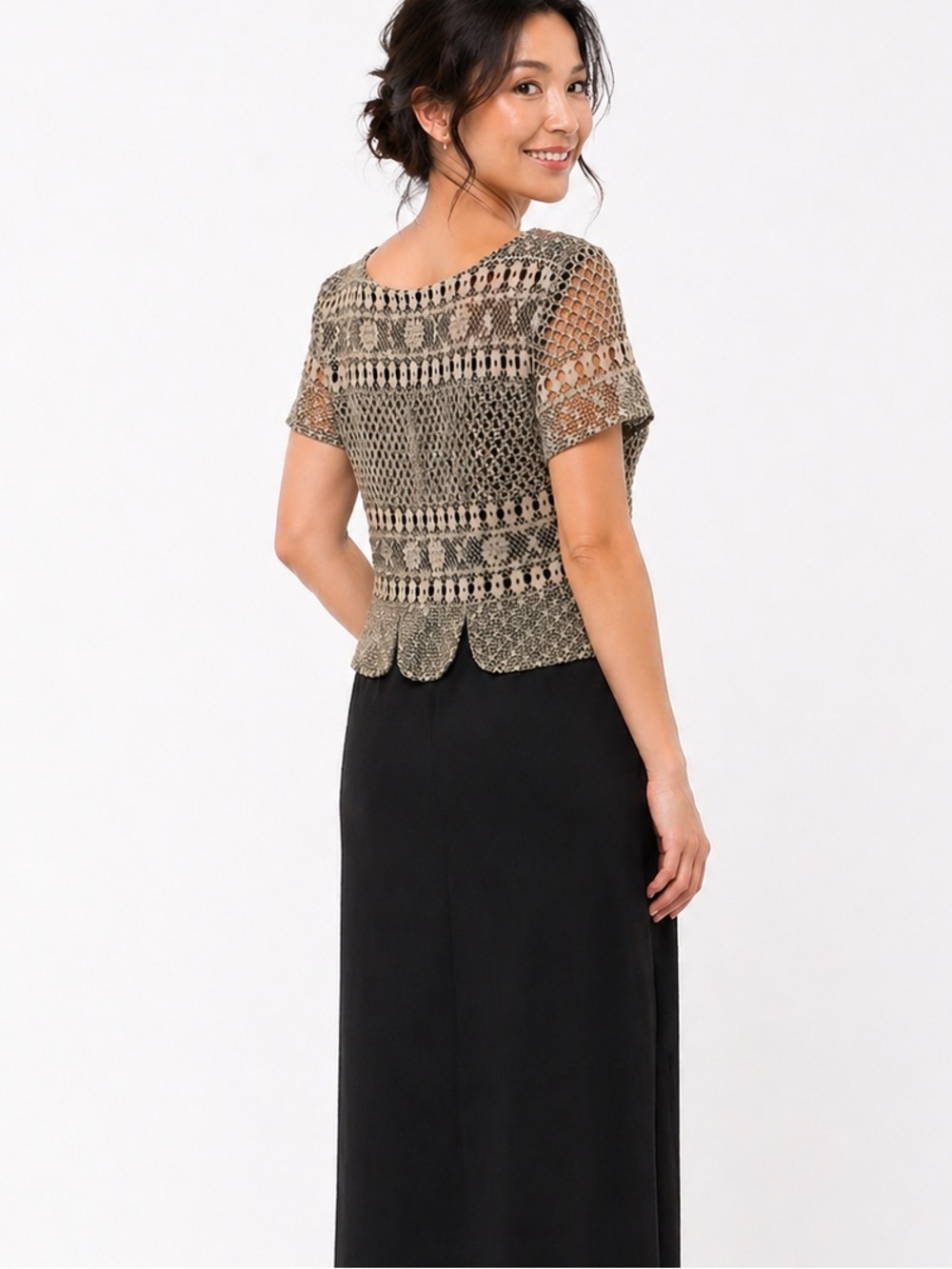 Joseph Ribkoff Black Maxi Dress with Metallic Gold Crochet Top